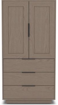 Modern wooden armoire with paneled doors and three spacious drawers, finished in a neutral wood tone with sleek black metal handles.