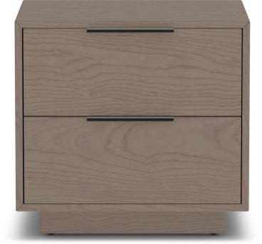 Two-drawer nightstand in a gray wood finish with clean lines and modern metal handles.