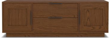 Wooden media console with two drawers and side cabinets, featuring sleek metal handles and a minimalist design.