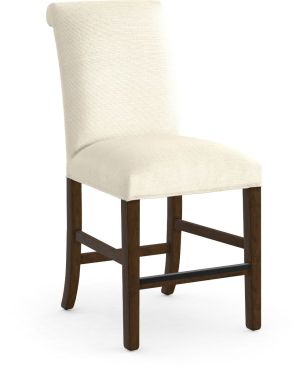 Transitional counter-height chair with a rolled backrest and tailored upholstered seat, supported by a classic wood base with built-in footrest, blending comfort and sophistication for kitchen island or bar seating.
