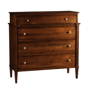 A handcrafted wooden bureau with a sleek, timeless design featuring brass hardware and tapered legs, ideal for stylish and functional bedroom storage.