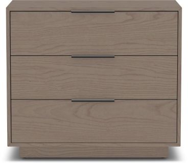 Modern three-drawer dresser in a neutral wood finish with sleek black metal handles, offering stylish and functional bedroom storage.