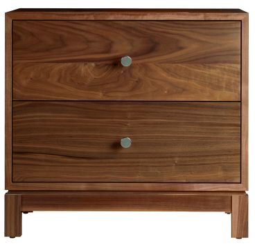 Modern wooden bedside table with clean lines and two drawers, designed for functional and stylish bedroom storage.