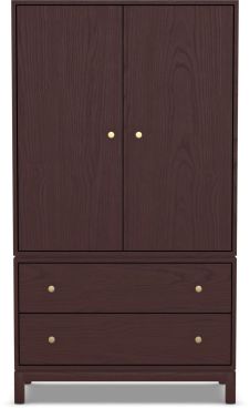 A tall wooden armoire with two cabinet doors and two spacious drawers, offering elegant bedroom storage.