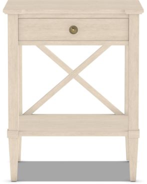 Solid wood Monaco One Drawer Nightstand with hand glazed paint in color Lambs Wool with a satin brass knob.