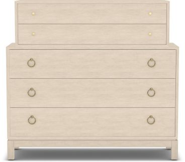 Elegant, multi-tiered dresser with a light wood finish, offering ample storage with its mix of spacious drawers and stylish brass hardware.