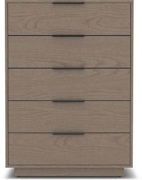 Modern five-drawer dresser in a light wood finish with sleek black metal handles, featuring a minimalist design.