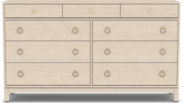 Solid wood dresser with nine drawers and sleek ring pull hardware, offering a modern design with ample storage space.