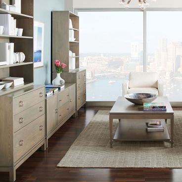 Contemporary living room furnished with sleek wood cabinetry and neutral-toned seating, featuring large windows overlooking an urban waterfront.