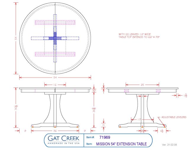 Drawings and dimensions for the Mission Round Extension Table