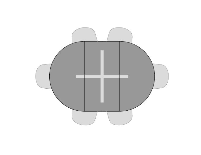 Visual of seating for Mission Round Extension Table with two leaves and six seats