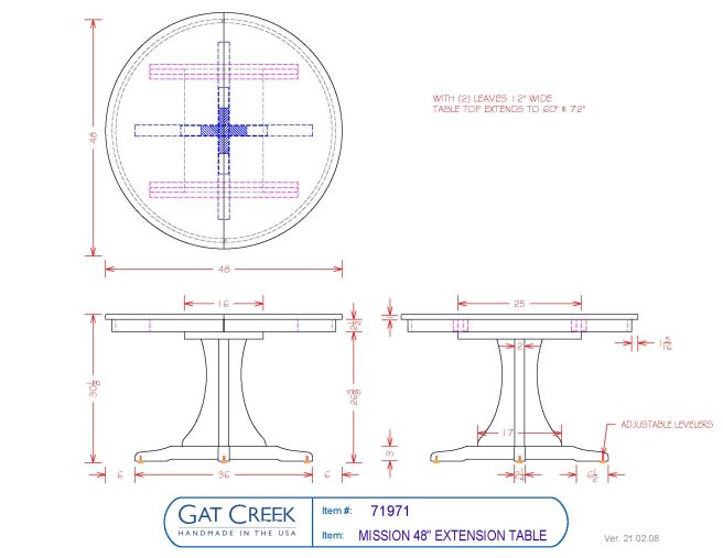 Drawings and dimensions for the Mission Round Extension Table