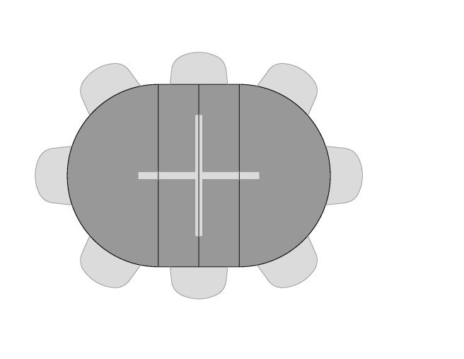 Visual of seating for Mission Round Extension Table with two leaves and eight seats