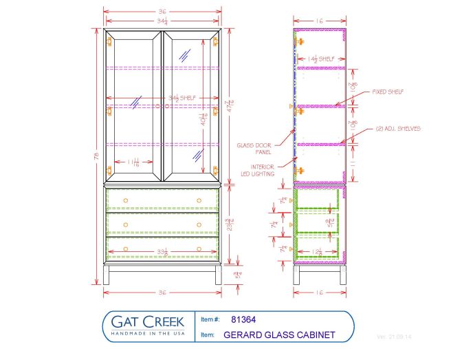 Drawings and dimensions for the Gerard Glass Cabinet