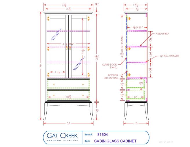 Drawings and dimensions for the Sabin Glass Cabinet