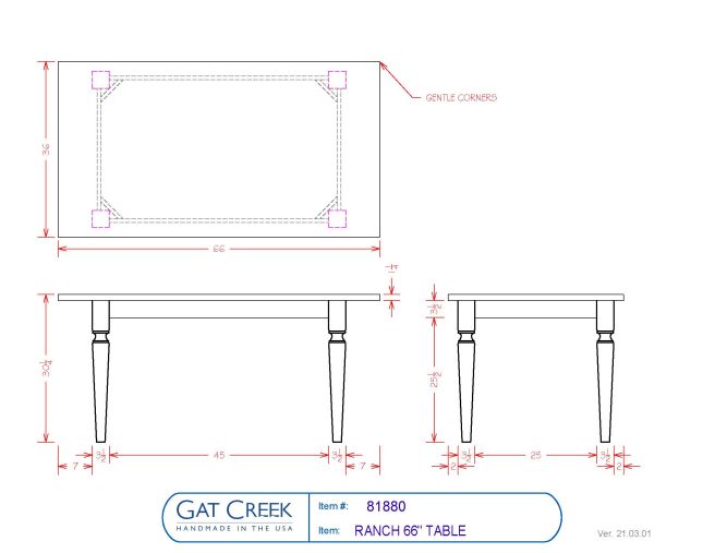 Drawings and dimensions for the Ranch 66" Table