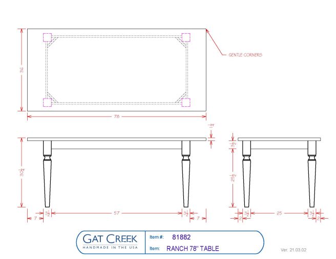 Drawings and dimensions for the Ranch 78" Table