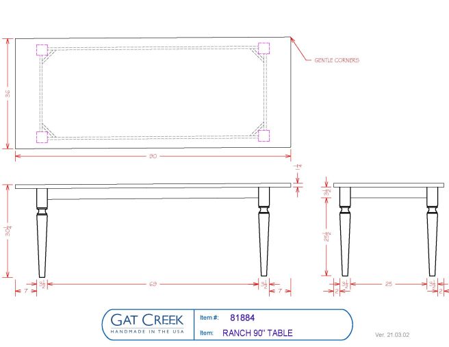 Drawings and dimensions for the Ranch 90" Table