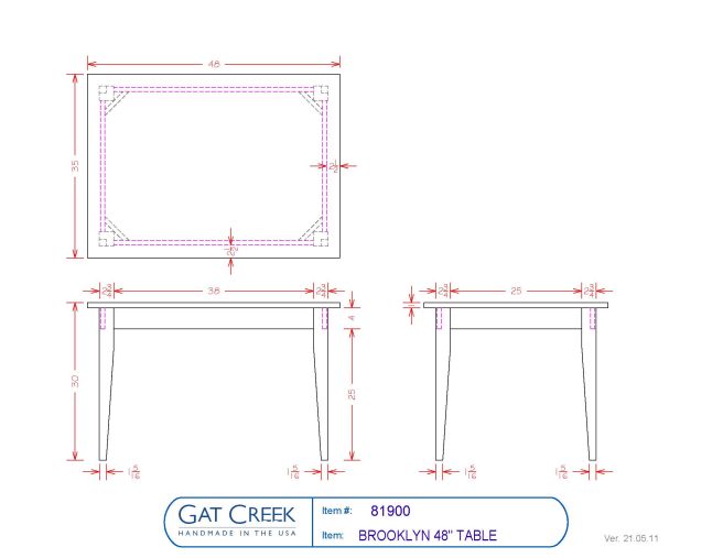 drawings and dimensions on the 48 inch Brooklyn Table