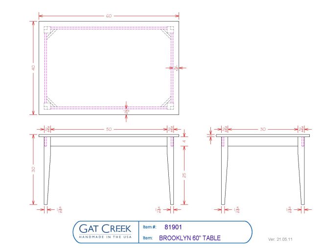 drawings and dimensions on the 60 inch Brooklyn Table