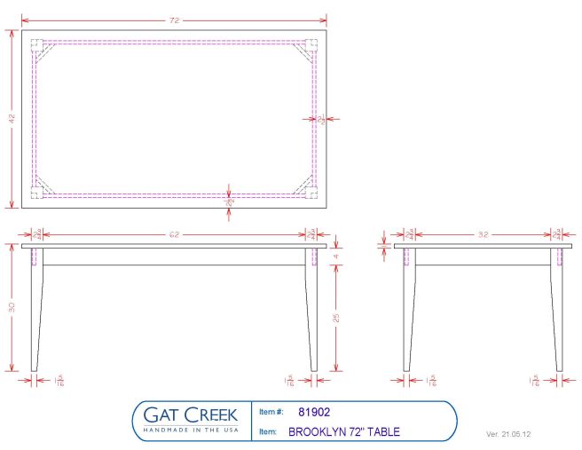 drawings and dimensions on the 72 inch Brooklyn Table