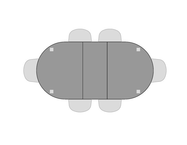Visual of seating for Oscoda Oval Table with one leaf and six seats