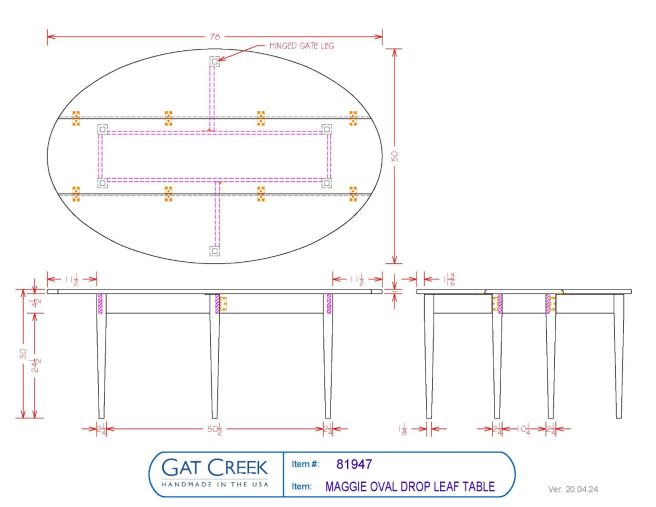 Drawings and dimensions for the Maggie Oval Drop Leaf Table
