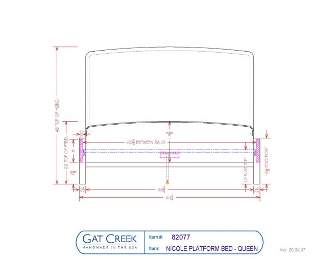 Drawings and dimensions for the Nicole Platform Bed in a queen size