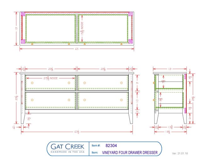 Vineyard Four Drawer Dresser drawings and dimensions