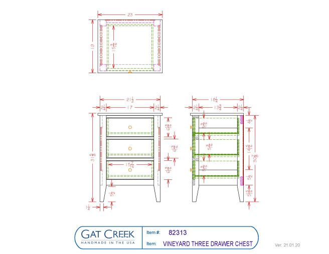 Vineyard Three Drawer Chest drawings with dimensions