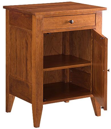 Cherry wood nightstand showcasing an open cabinet and a single drawer, perfect for bedroom storage.