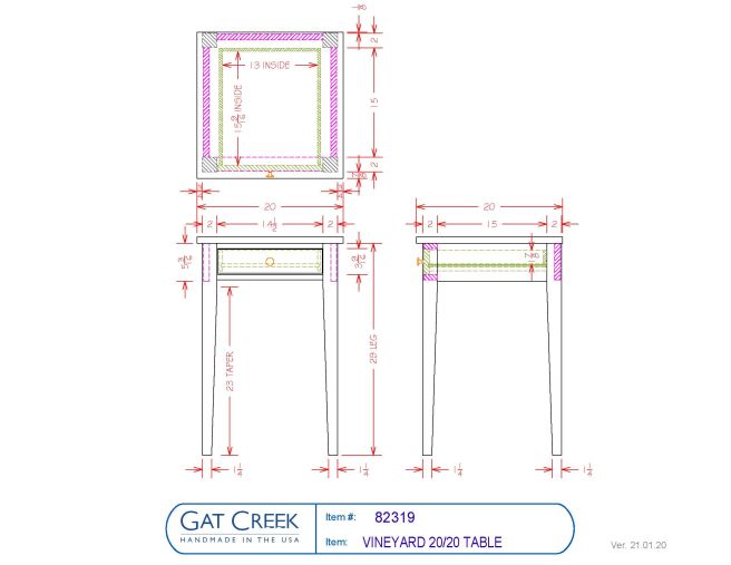 Vineyard 20/20 Table drawings with dimensions