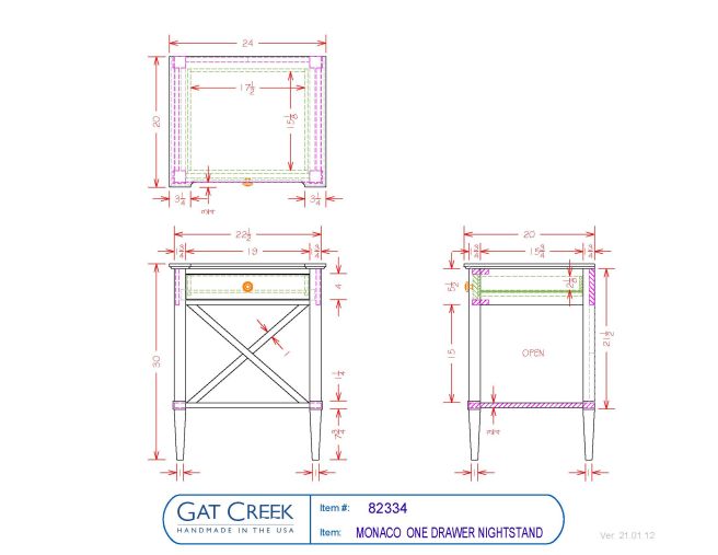 engineering plans for Monaco One Drawer Nightstand
