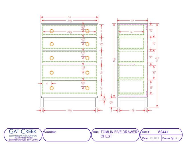 Tomlin Five Drawer Dresser technical drawings