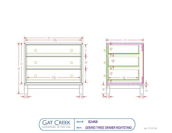 Drawings and dimensions for the 26" Gerard Three Drawer Nightstand