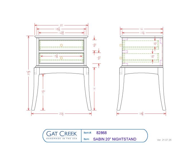 Drawings and dimensions for the Sabin 20" Nightstand