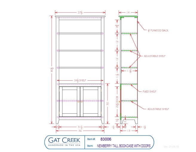 Drawings and dimensions for the Newberry Tall Bookcase with Doors made from solid wood