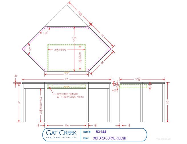 Drawings and dimensions for the Oxford Corner Desk