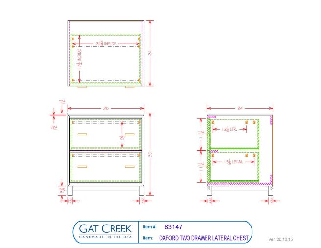 Drawings and dimensions for the two drawer Oxford Lateral File Chest