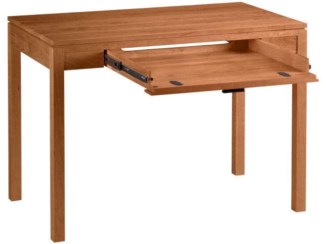 Solid wood writing desk with a hidden pull-out keyboard tray for a streamlined and functional workspace.