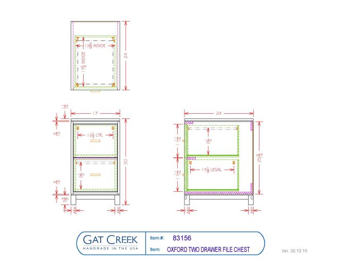 Drawings and dimensions for the  two drawer Oxford File Chest
