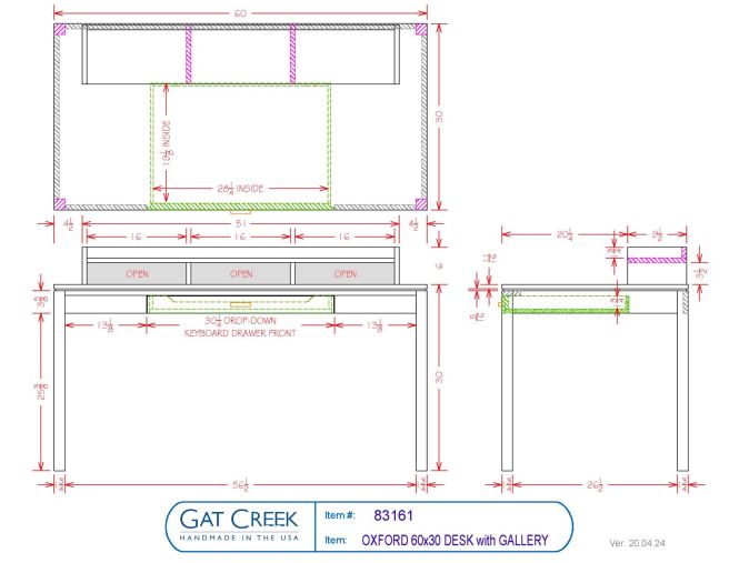 Drawings and dimensions for the Oxford 60x30 Desk with gallery