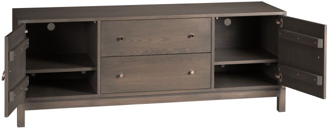 Wooden media console with open shelves and drawers, designed for versatile storage.