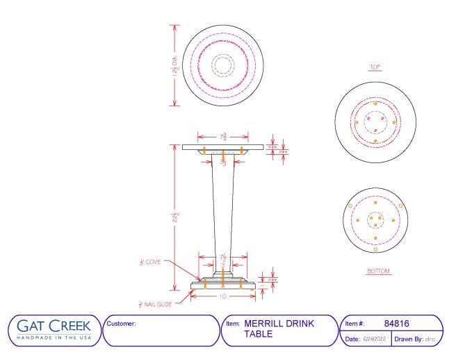 drawing and dimensions of the Merrill Drink Table