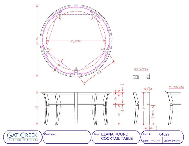drawing and dimensions for the Elana Round Cocktail Table
