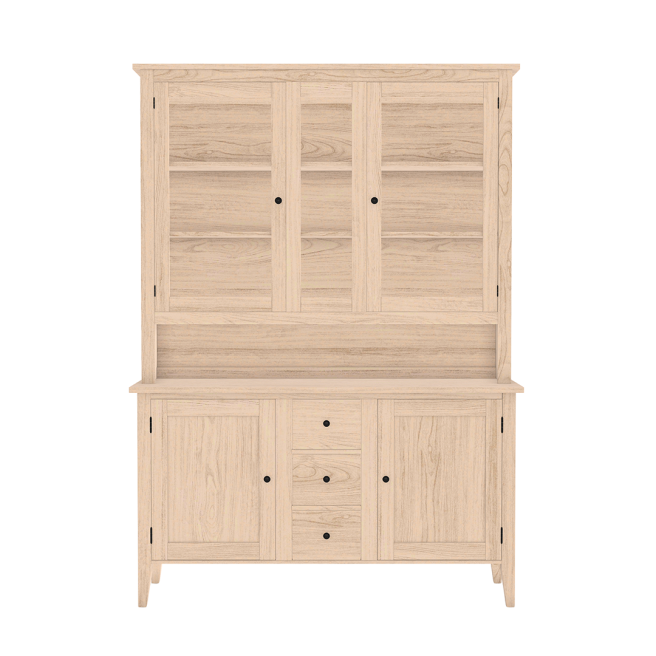 old world scullery kitchen cabinet made from solid wood with glass doors.