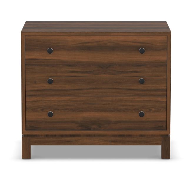 Three-drawer wooden dresser crafted from walnut wood with minimalist design.