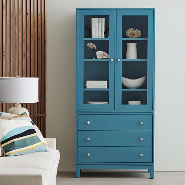 Solid Wood Glass Cabinet painted in blue