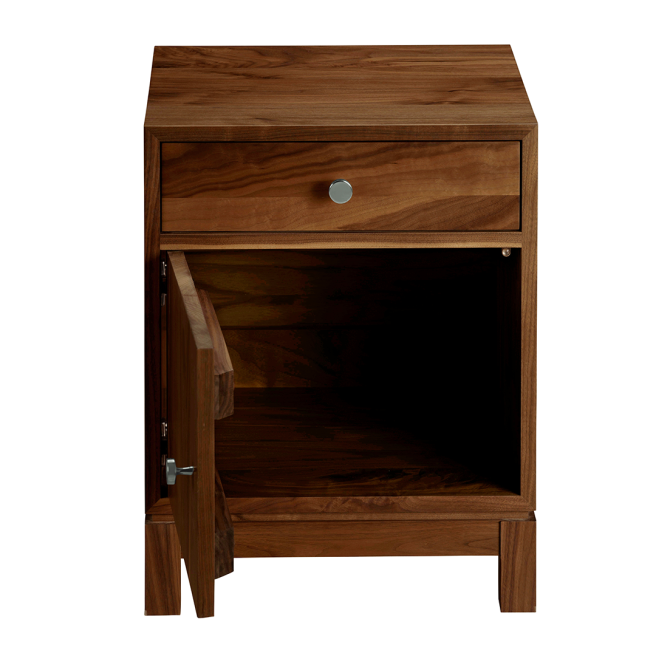 Solid wood nightstand with an open cabinet and drawer, showcasing natural craftsmanship and functional storage