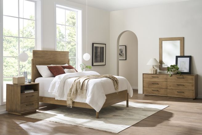 A complete bedroom set showcasing a wooden bed frame, a matching nightstand, and a six-drawer dresser with a mirror, designed for a cohesive and modern aesthetic.